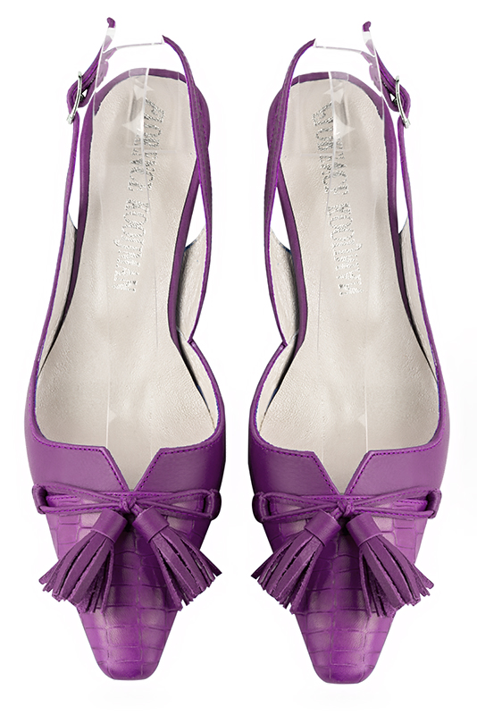 Mauve purple women's open back shoes, with a knot. Tapered toe. Medium slim heel. Top view - Florence KOOIJMAN